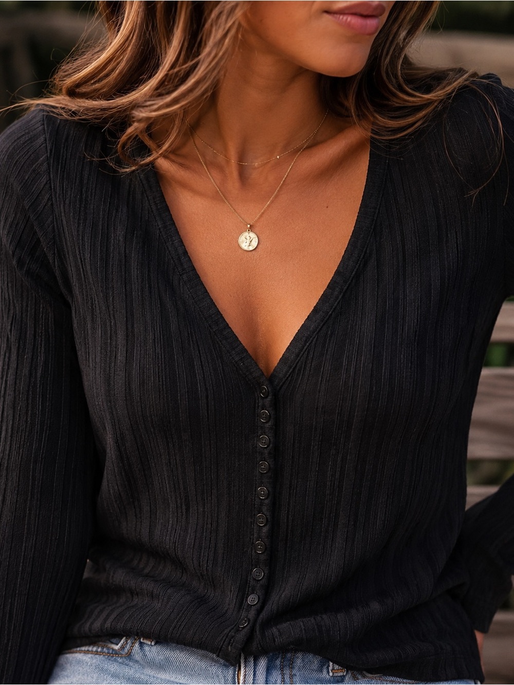 H&M Black Ribbed Long Sleeve V-Neck Button Front Tee
